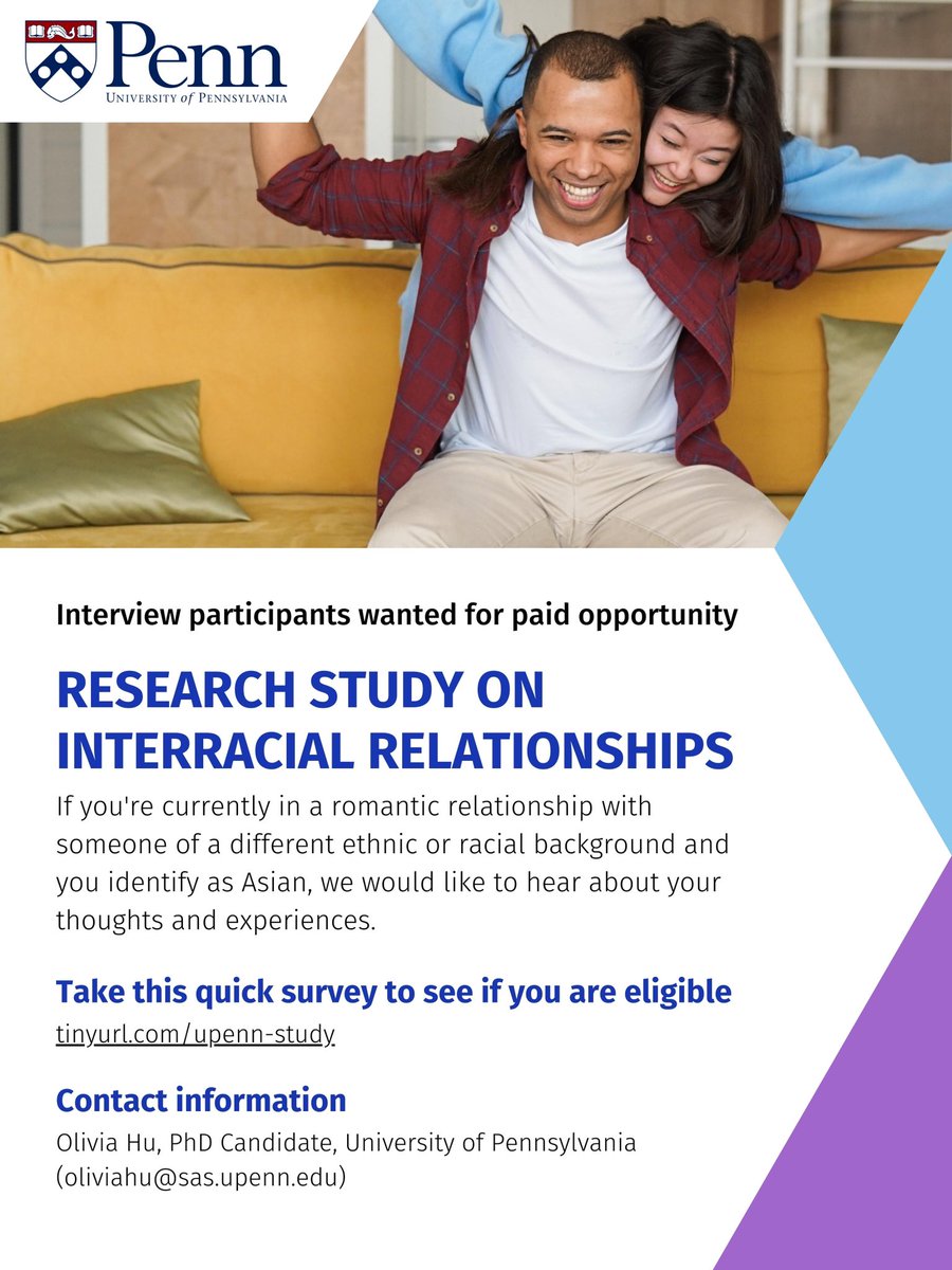 CALL FOR PARTICIPANTS: For my dissertation, I’ll be interviewing Asian men and women in relationships with people from different racial and ethnic backgrounds. I’d greatly appreciate it if you filled out this screening survey (tinyurl.com/upenn-study) and share widely! 🙏🏻🙏🏻🙏🏻