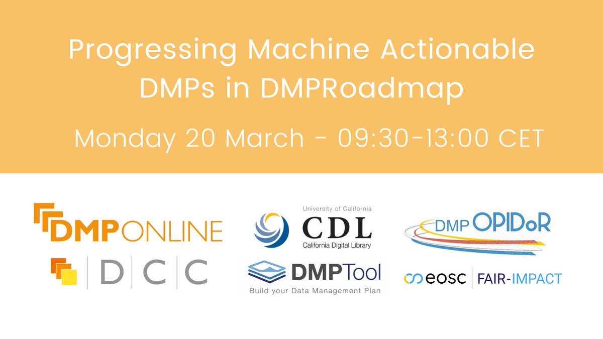 The DMP Tool (@thedmptool) on Twitter photo Interested in maDMPs? Join us in-person or online for a 1/2 day workshop in Gothenburg on 20 March 2023 as part of <a href="/resdatall/">Research Data Alliance (RDA)</a>
Expert speakers & plenty of discussions (plus lunch in-person)
dcc.ac.uk/events/RDAcolo… Interested in maDMPs? Join us in-person or online for a 1/2 day workshop in Gothenburg on 20 March 2023 as part of <a href="/resdatall/">Research Data Alliance (RDA)</a>
Expert speakers & plenty of discussions (plus lunch in-person)
dcc.ac.uk/events/RDAcolo…