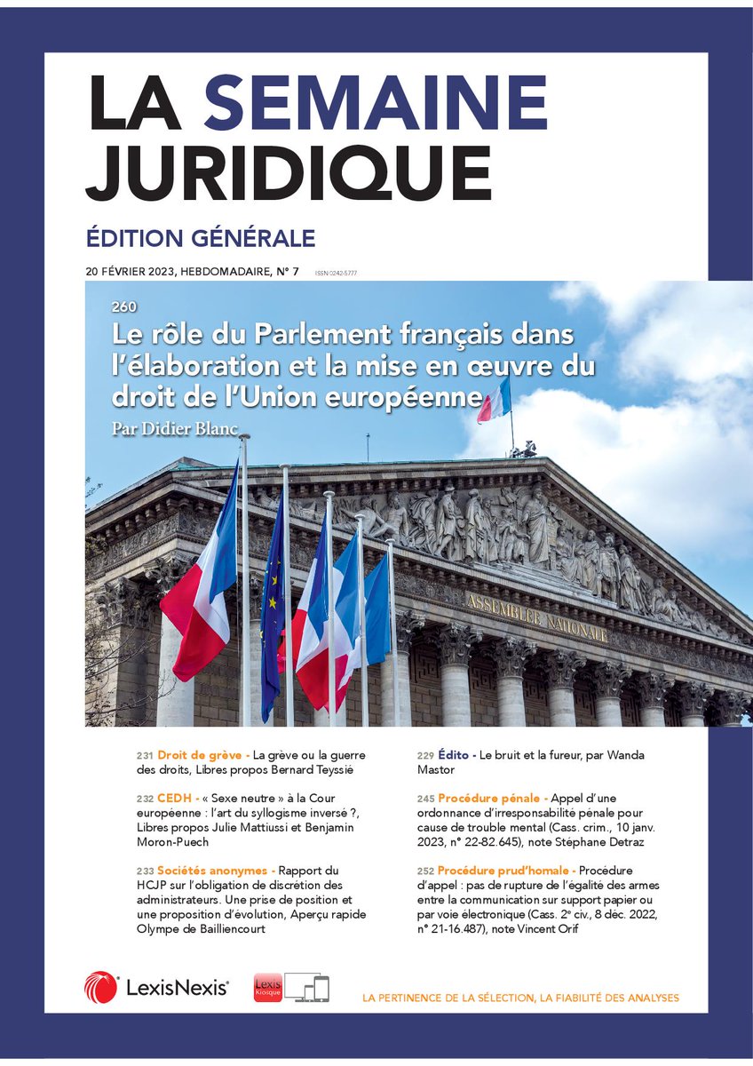 JCP_G's tweet photo. À la #Une du #JCPG 20/2 #Parlement #UE #Rôle #Grève #CEDH #PersonnesIntersexes #SexeNeutre #SA #HCJP #Administrateurs #Obligation #Discrétion #Retraite #Débats #Appel #Ordonnance #IrresponsabilitéPénale #ProcédurePrudhomale #Communication #ÉgalitéArmes https://t.co/2egvgPkF3M