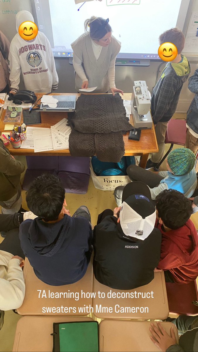 7A learning how to deconstruct donated sweaters for their mittens with <a href="/brendacameronNB/">Brenda Cameron</a>.