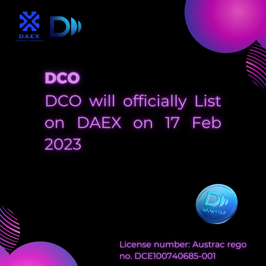 🦄 #DCOREUM 🍀

🌐 #DCO 将于 2023 年 2 月 17 日在 #DAEX 正式上线 🌐

🚀敬请期待…… 

<a href="/DAEX_GLOBAL/">AUDX</a>