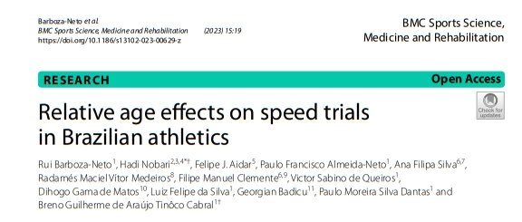 In a recent study, our group identified that there is an effect of relative age (RAE) in speed trials in Brazilian athletics (male: under 16 and under 18), and in shallow trials (female: under 18). 

<a href="/BioMedCentral/">BMC</a> <a href="/dihogo_matos/">Dihogo de Matos</a> 

…sportsscimedrehabil.biomedcentral.com/articles/10.11…
