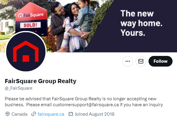 NEW: Alternative real estate agencies just can't get much traction in Canada

FairSquare (formerly Purplebricks) - is latest to give up. Will be fully shut down by end of June

Owner Desjardins Financials blames
"The rapid deterioration of the housing market"
#cdnecon