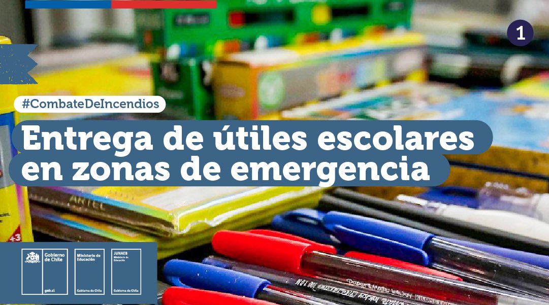 Mineduc's tweet photo. Junto a @junaeb haremos entrega de útiles escolares del PUE en las zonas de emergencia para seguir apoyando a las familias y comunidades educativas afectadas 📚✏️📒✂️📏 #CombatedeIncendios https://t.co/AIit6mCilS