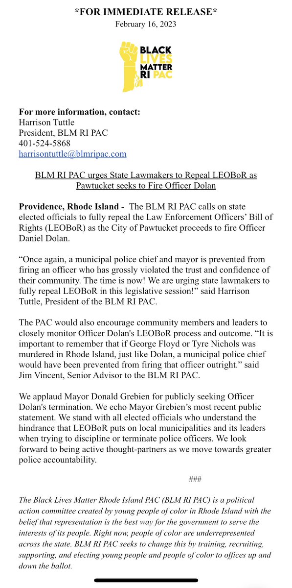 blmripac's tweet photo. We, once again, are urging State Lawmakers to Repeal #LEOBoR as Pawtucket seeks to Fire Officer Dolan. Please read our statement below! https://t.co/3APYnpCKef