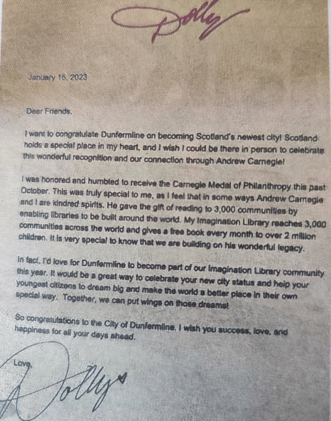 Super for Dolly Parton to be so inspired by #andrewcarnegie that she sent a letter to Dunfermline, Dolly received the #carnegiemedal for her philanthropic work and now wants to set up an imagination library to celebrate City status.
Thank you @LoveDunfermline share @dollyslibrary