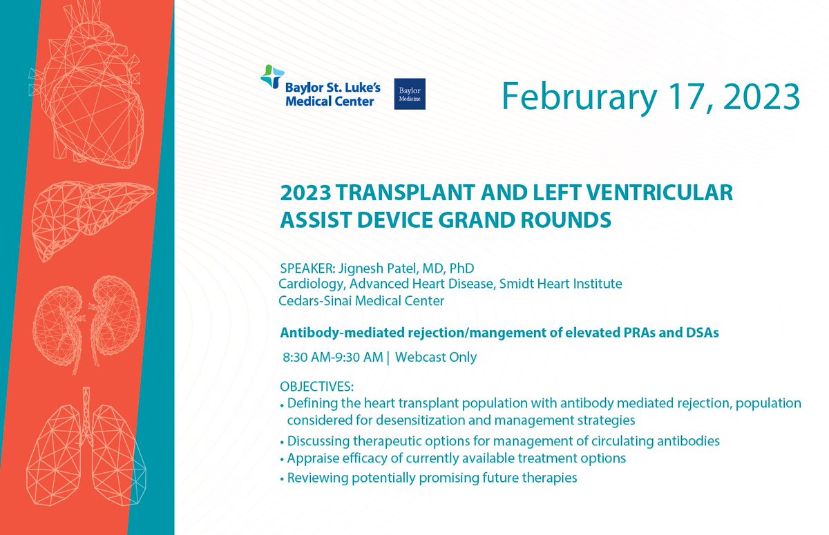 Looking forward to @JigPatelMDPhD Grand Rounds Tomorrow on AMR in #hearttransplant #antibodies @BCMAdvStrlHeart @CedarsSinai @commonspirit commonspirit.zoom.us/meeting/regist…