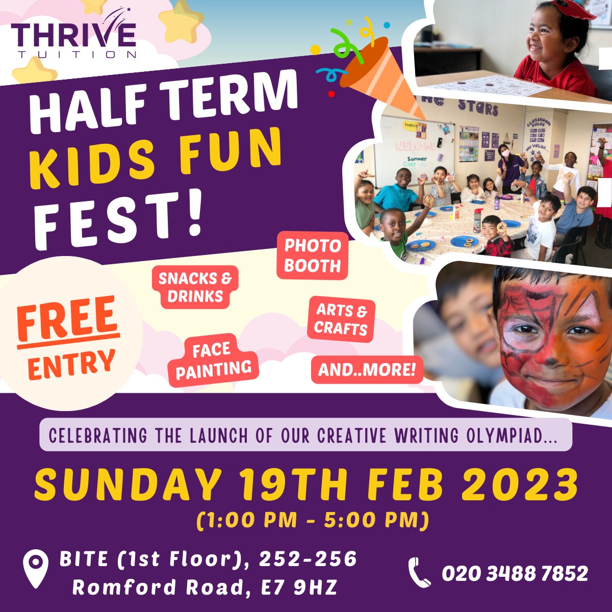 ThriveTuitionUK's tweet photo. Come on down this Sunday to BITE in Forest Gate for our FREE #HalfTerm Kids Fun Fest! 🤩🎉

Face painting, arts &amp; crafts, fun games, tasty snacks and MORE 🤩🍫🎈Open to all children (kids between ages 4-11 will enjoy this event most).

🔗 https://t.co/ucGXw6nAo1 https://t.co/SPzpKQccku