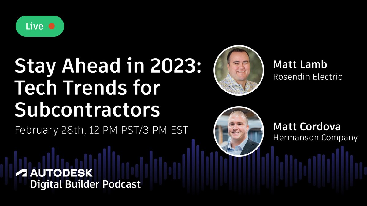 ADSK_Construct's tweet photo. Are you a subcontractor looking to stay ahead of the curve? Join us for the #DigitalBuilder podcast LIVE to learn the latest in tech trends for 2023! 

Hear from industry experts on building digital-first workflows, 3D Models, AI, &amp; connected jobsites.

https://t.co/xiWAgGmP1j https://t.co/0n7hdhFa72