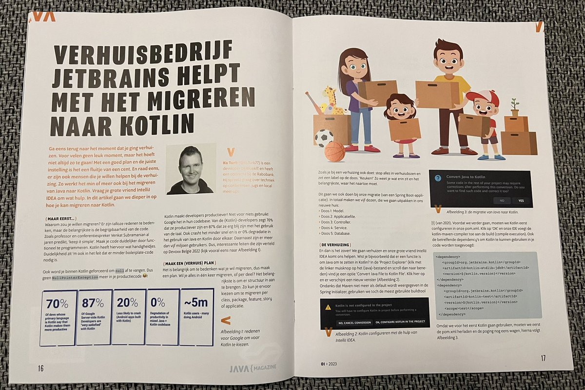 KoTurk77's tweet image. So cool to see my article about ‘how to migrate your project into @kotlin’ get’s published by the @nljug @JavaMagazineNL 🤗 Your friend @intellijidea can help you with moving, but there are some tweaks to make it even sweeter!