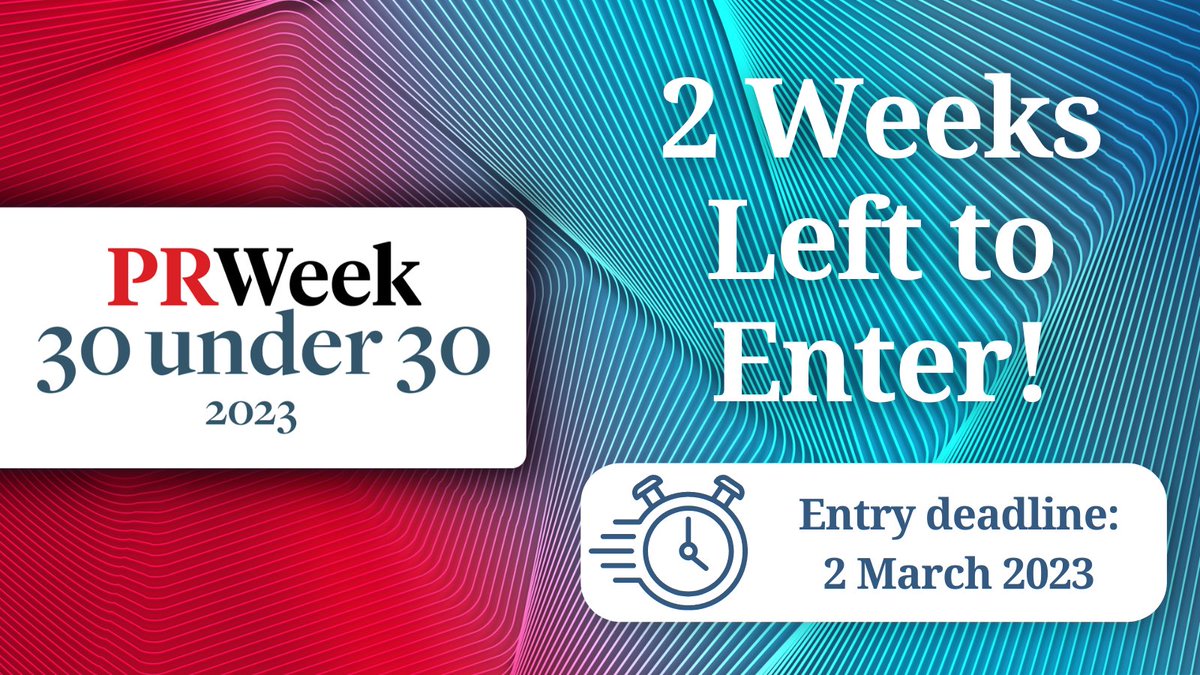 There's only 2 weeks left until the PRWeek 30 Under 30 Awards standard deadline! #PRWeek30Under30 #founder #pr #awards #ceo