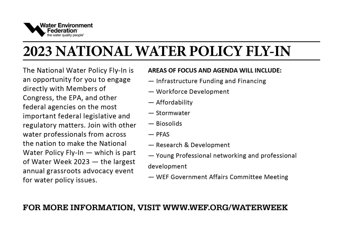 🗓️ Save the Date! The 2023 National Water Policy Fly-in will be held April 25-26. #WaterWeek2023 #waterpolicy

Register today: wef.org/WATERWEEK