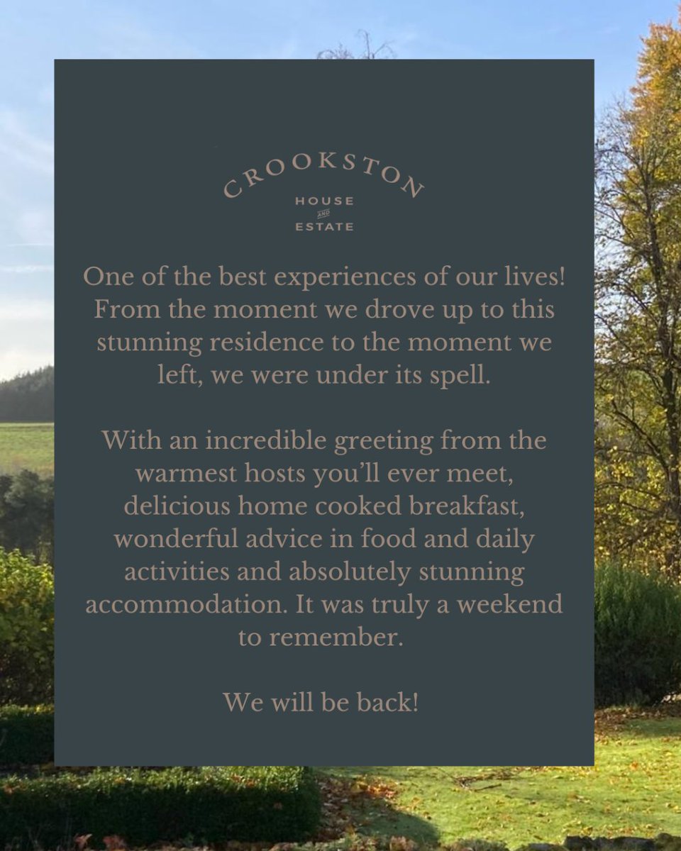 crookston_house's tweet photo. These are such kind words that we had to share them! It’s always wonderful to hear about our guests’ experiences at Crookston House. We love it here and so do our guests. Book now by heading to our website!

#scottishbedandbreakfast #scottishborders #bedandbreakfast #statelyhome https://t.co/LzKefJbwua