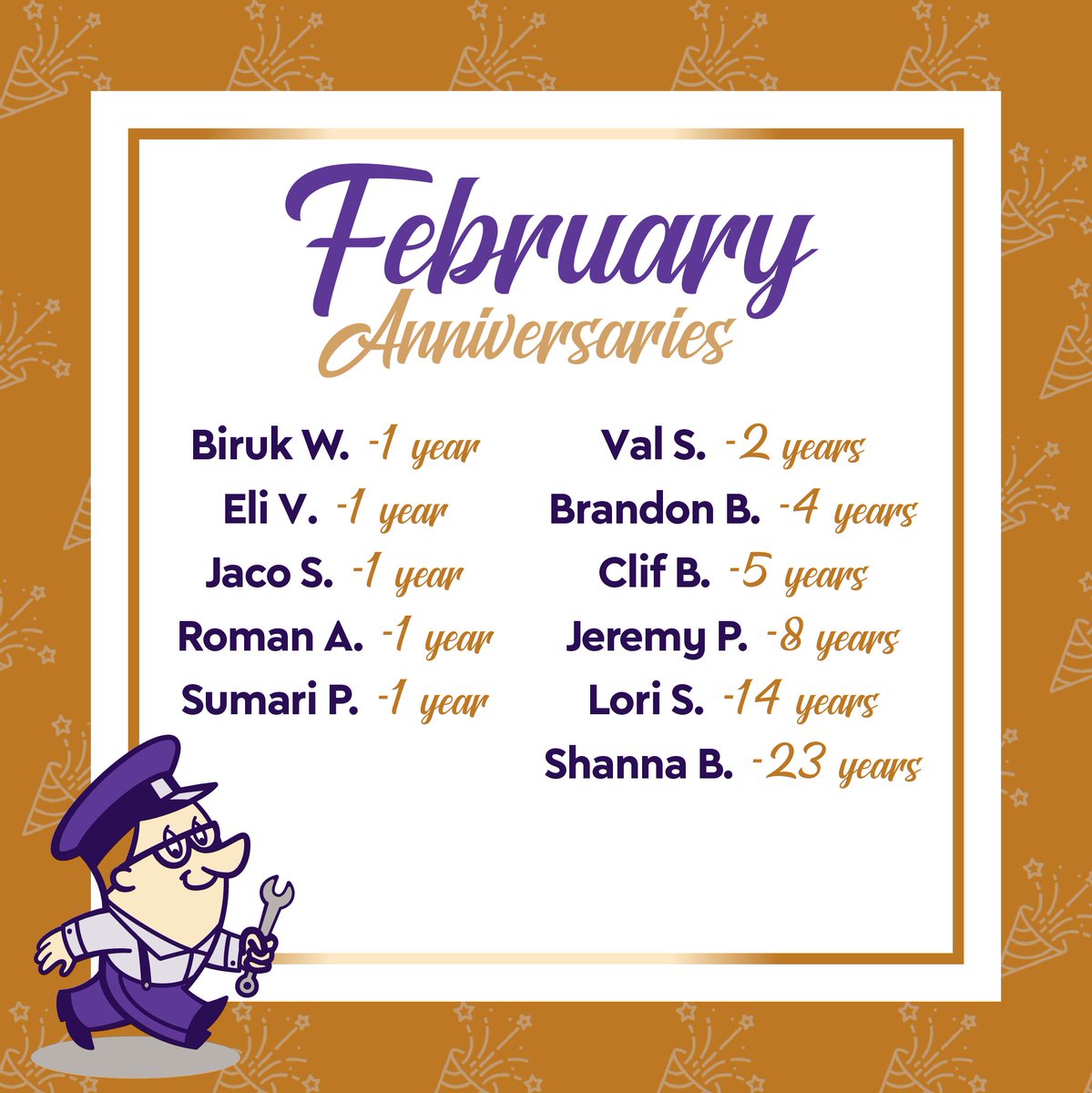 blantonsair's tweet photo. Happy Work Anniversary to those employees celebrating in February! We 💜 having you as part of our family, thanks for bringing your best every day! #TeamBlantons #WOWService https://t.co/Bkr2W30YLx