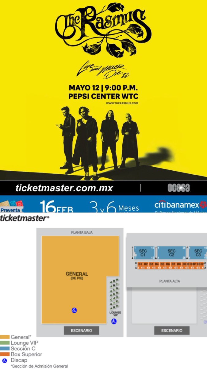 🎟️ Preventa Citibanamex 🎟️
11:00 AM 💳 Solo acepta tarjetas débito/crédito Citibanamex 💳

The Rasmus #TheRasmus 

Link: bit.ly/3Kd8XDP

🎫 Mapa y Precios de boletos 🎫 

*YA CON CARGOS*
LOUNGE VIP: $1,440
GENERAL: $816
BOX SUPERIOR: $1,056
SECCIÓN C: $576
DISCAP: $816