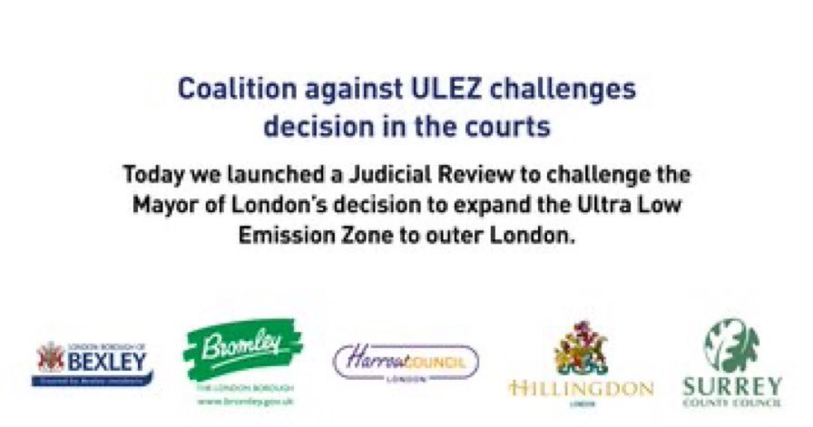 I am pleased to say that #Bexley #Bromley #Harrow #Hillingdon and #Surrey have today brought legal action following TfL announcement that it would push on Sadiq Khan’s plans to expand the ULEZ scheme despite all the opposition  #TheULEZScandal