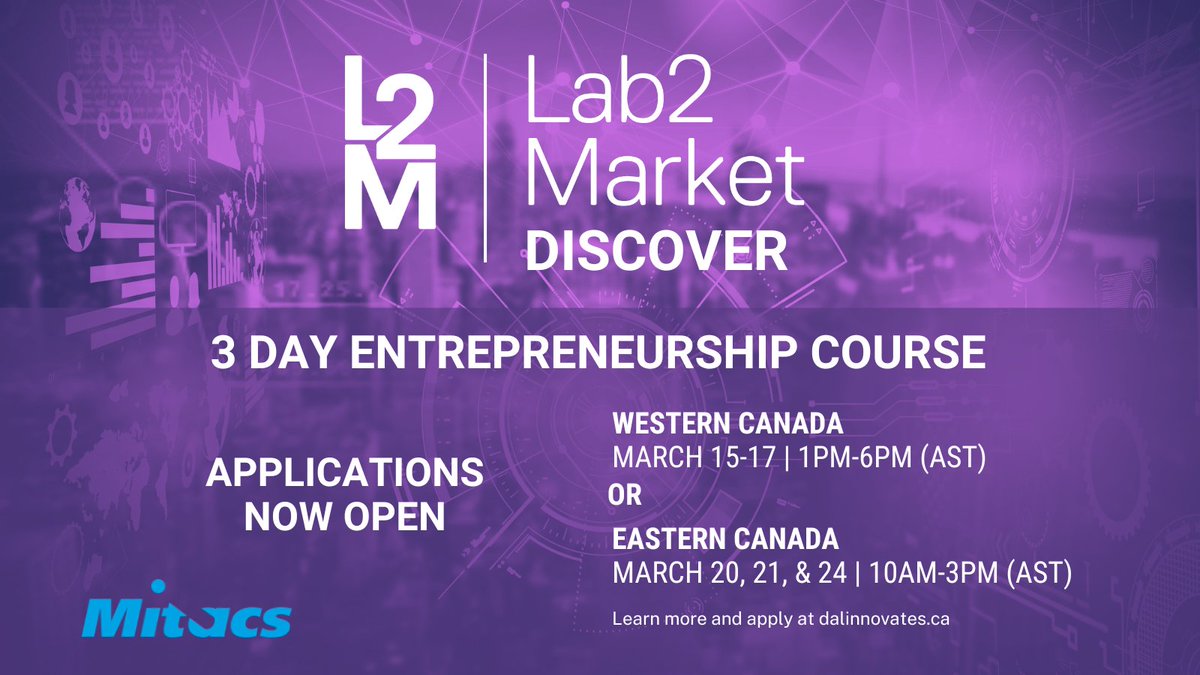 🗳Applications Open!
Lab2Market Discover is a 3 day virtual workshop for graduate students, and faculty. It gives researchers the chance to bridge entrepreneurship with their expertise. 

Learn more and apply: dalinnovates.ca/programs/explo…

Made possible by <a href="/MitacsCanada/">Mitacs</a>
