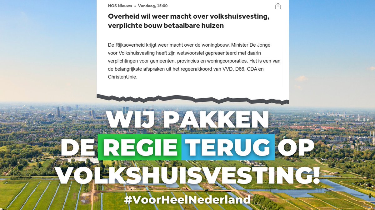 De volkshuisvesting is terug! 

#VoorHeelNederland wil <a href="/hugodejonge/">Hugo de Jonge</a> meer sturing om betaalbare woningen voor midden- en lagere inkomens te bouwen. 

Niet alleen in de grote steden en de Randstad, maar ook in de dorpen en de regio.