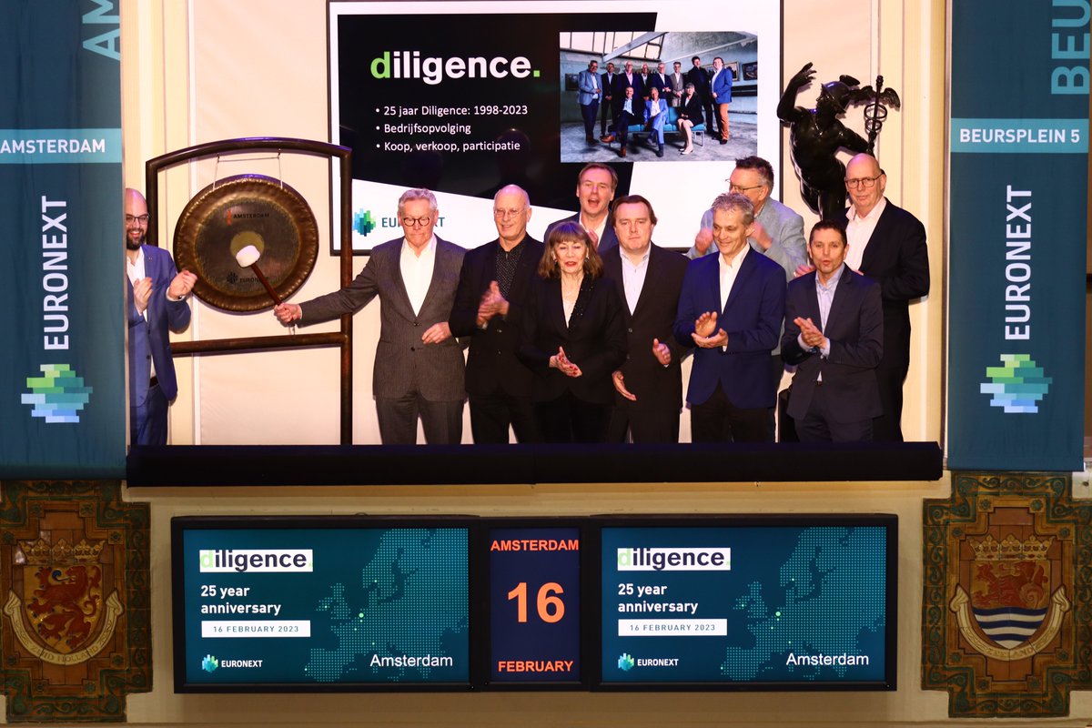 Ter gelegenheid van het 25 jarig bestaan van Diligence dit jaar, mocht ik vanmorgen met een slag op de gong de beurs in Amsterdam openen in aanwezigheid van 8 van de 10 partners. In die 25 jaar hebben we 550 deals mogen sluiten op het vlak van fusies en bedrijfsovernames.
