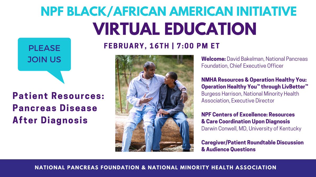 The National Pancreas Foundation (@natpancfdn) on Twitter photo TONIGHT is <a href="/NatPancFdn/">The National Pancreas Foundation</a> Black/African American Education on Patient Resources for Pancreas Disease After Diagnosis on 2.16.23 at 7pm. In partnership with @NMHAlliance
Please Join us!
REGISTER: us06web.zoom.us/webinar/regist…
#AAI #NPF #NMHA #pancreasdisease  #awareness TONIGHT is <a href="/NatPancFdn/">The National Pancreas Foundation</a> Black/African American Education on Patient Resources for Pancreas Disease After Diagnosis on 2.16.23 at 7pm. In partnership with @NMHAlliance
Please Join us!
REGISTER: us06web.zoom.us/webinar/regist…
#AAI #NPF #NMHA #pancreasdisease  #awareness