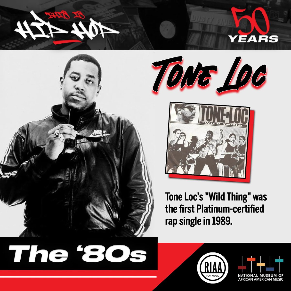 #TBT @RapperToneLoc’s #WildThing was the first rap single to go #Platinum 💿 in 1989! #HipHop50th @theNMAAM @RIAA