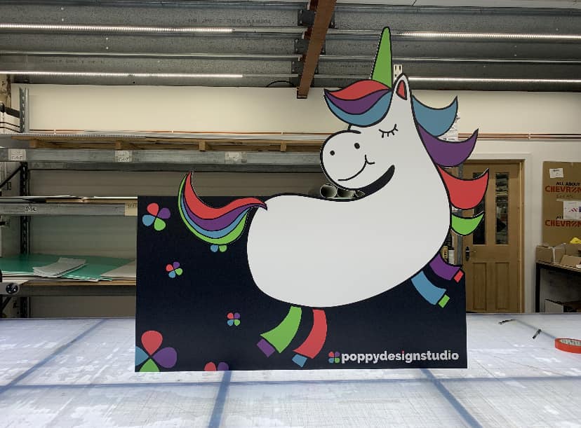 PumpkinPrint's tweet photo. .@designsbypoppy asked us to make a life size (if they were real!) ‘pin the tail on the unicorn’ standee! 
We used a honeycomb board, covered with a ferrous material to make it magnetic receptive, and print mounted over it. The tail was 4mm Correx and magnets bonded to the rear. https://t.co/tNQ44Aw6Mx