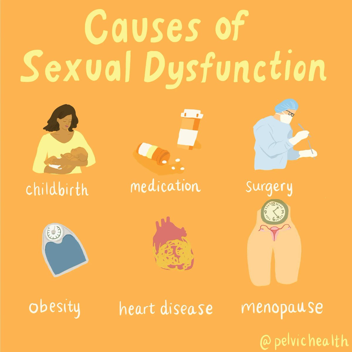 PelvicHealth's tweet image. The #pelvicfloor muscles and the #pudendal nerve play a large role in sexual function and sexual #dysfunction. Many factors are involved, and research shows several things we need to consider:⠀childbirth, some meds, Pelvic Surgies, obesity, heart disease and even #menopause.