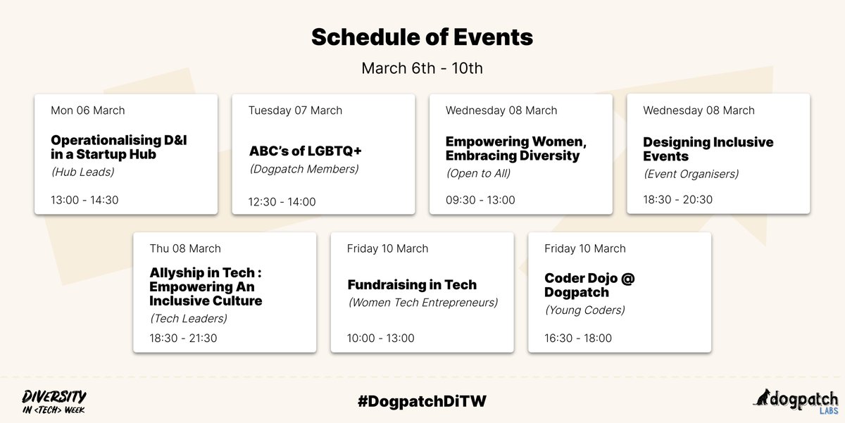 dogpatchlabs's tweet photo. Look at this for a #DogpatchDiTW lineup
🧰 D&I Toolkit for hub managers
🏳️🌈 @ShoutOut_IE's LGBTQ+ workshop
🙋🏽♀️ #IWD2023 w/ Dutch & Irish Leaders
🎨 Inclusive design for meetups
🤲 Allyship: panel & workshop
💰 Raising as women in tech
💻 @Coderdojo returns
https://t.co/WQ2C4Tk37x https://t.co/DdUb5F7s7W
