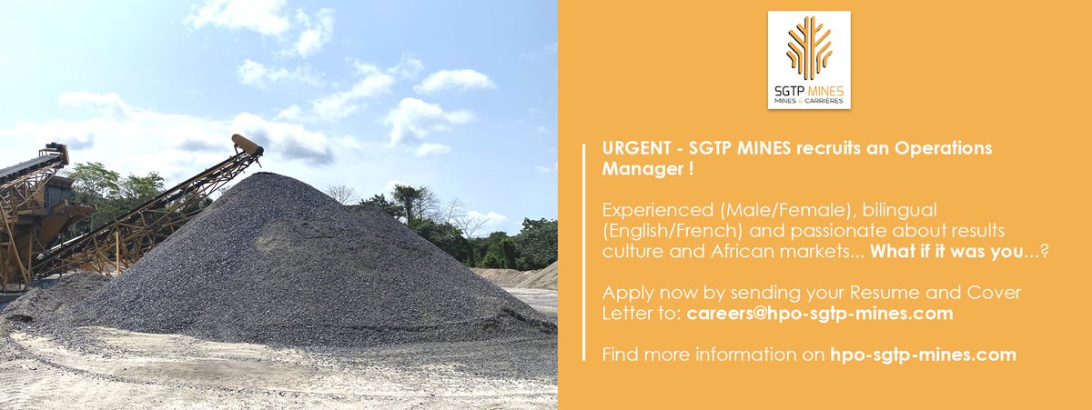 SgtpMines's tweet photo. URGENT - SGTP MINES recruits an Operations Manager !

#SGTPMINES #EmploymentInGabon #WorkInGabon #HPO #Gabon #Libreville #HPOASSOCIATES https://t.co/kMhPhjthBY