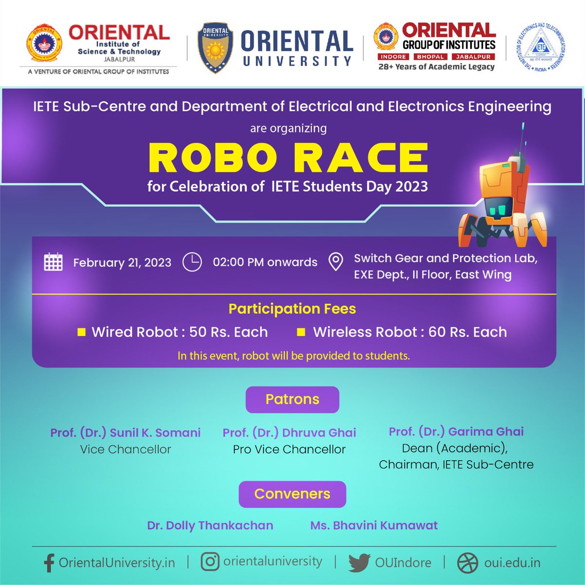 OUIndore's tweet photo. Department of Electrical and Electronics Engineering and IETE Sub-Centre Indore are going to organize Robo Race for all students of various departments of university on the occasion of the IETE Students Day Celebration 2023 https://t.co/ancZGuIi0t