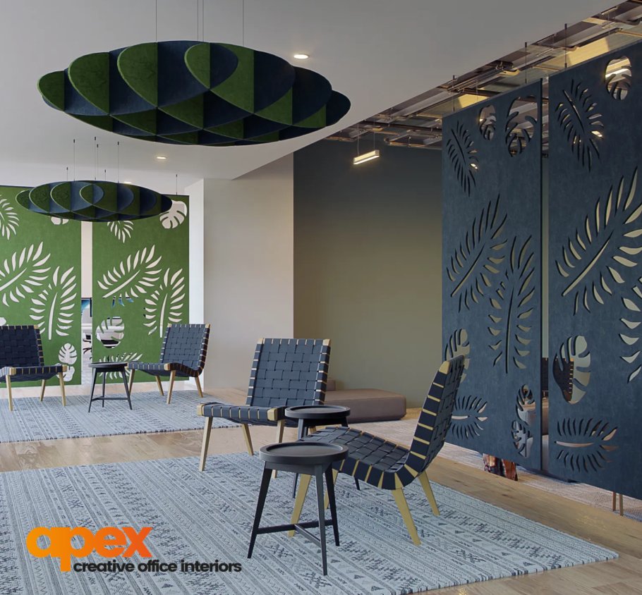 Suspended acoustic screens designed to create a sense of quiet and calm to different zones within busy office environments. Made from 60% recycled PET, they feature a range of designs #officedesign #officeinteriors #acousticscreens
