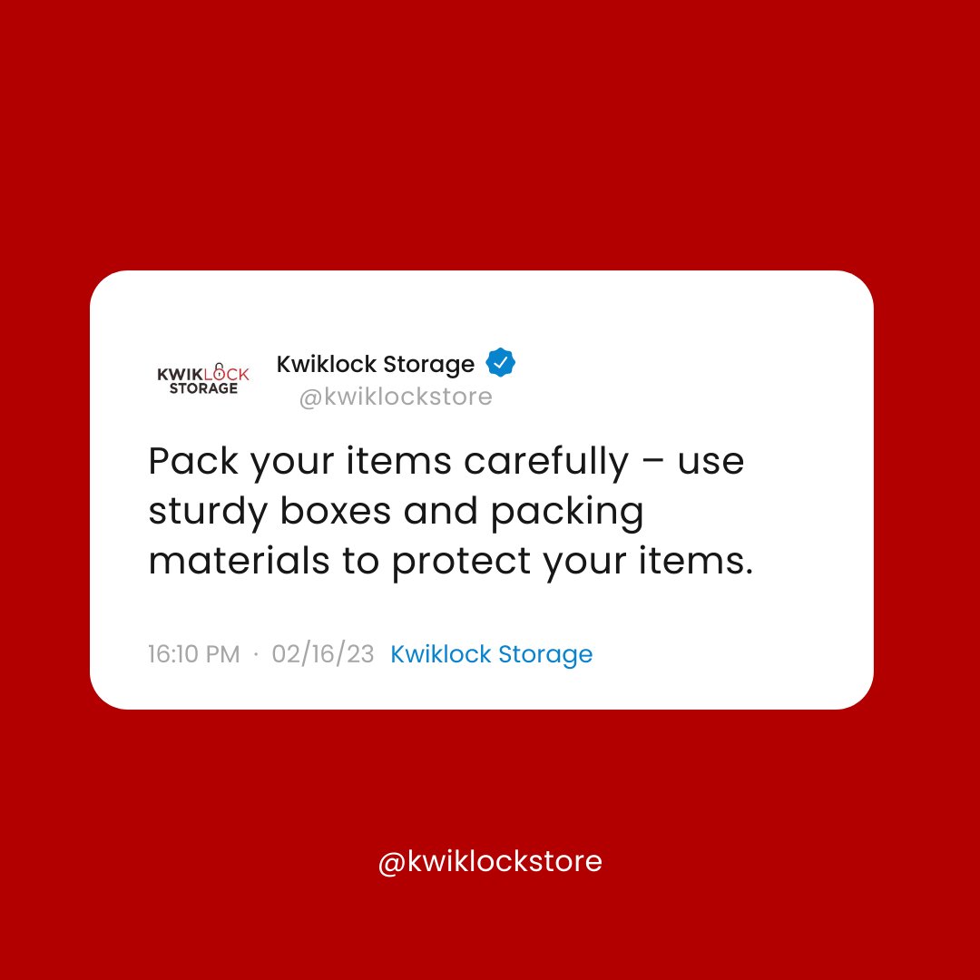 Pack your items securely and use reliable and durable containers and materials to keep your items safe during transit! #kwiklockstorage #selfstorage #selfstorageindustry #selfstorageinwichita #selfstoragetips #storagefacility