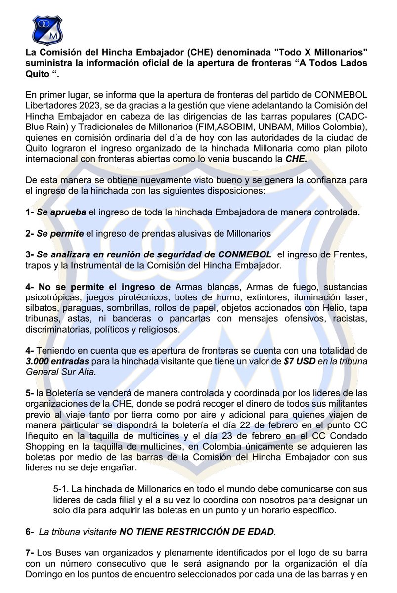 ASOBIM_'s tweet photo. Información para los hinchas que viajan a Quito
#MillonariosEsSuHinchada #ASOBIM https://t.co/yzcqvqTNH0