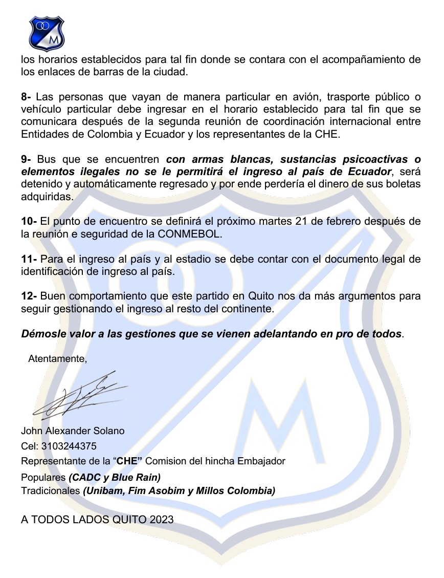 ASOBIM_'s tweet photo. Información para los hinchas que viajan a Quito
#MillonariosEsSuHinchada #ASOBIM https://t.co/yzcqvqTNH0