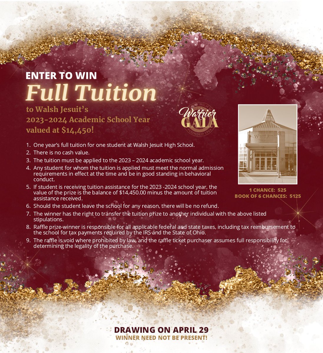 WalshJesuit's tweet photo. One of the most popular raffles of the Warrior Gala is back! One Year's Full Tuition for one lucky student for the 2023-24 school year! Register today at: https://t.co/3m4saIaV4X for this incredible opportunity. 
Winner announced on 4/29 &amp; need not be present to win https://t.co/96HMPukhDG