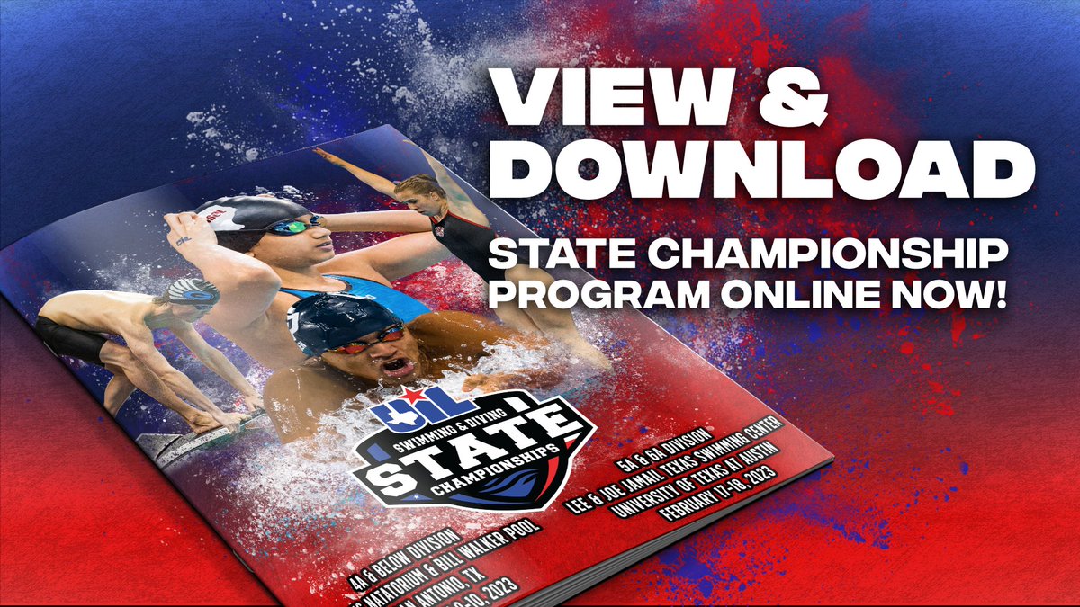 Texas UIL (@uiltexas) on Twitter photo The fastest swimmers and the best divers in the state of Texas will convene in Austin tomorrow for #UILState.
For heats, lane assignments, and historical records all in one place, check out the State program, now available to view & download online.  
📖 adobe.ly/3JmExyy The fastest swimmers and the best divers in the state of Texas will convene in Austin tomorrow for #UILState.
For heats, lane assignments, and historical records all in one place, check out the State program, now available to view & download online.  
📖 adobe.ly/3JmExyy