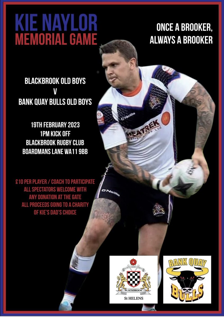 This is not to be missed this Sunday get down to the club and support a truly amazing cause as <a href="/BrookOA/">brookoa</a> take on <a href="/BankQuayBulls/">Bank Quay Bulls</a> this should be a great day. Can we ensure this tweet gets shared far and wide
#onceabrooker
#upthebrook 

Please re tweet