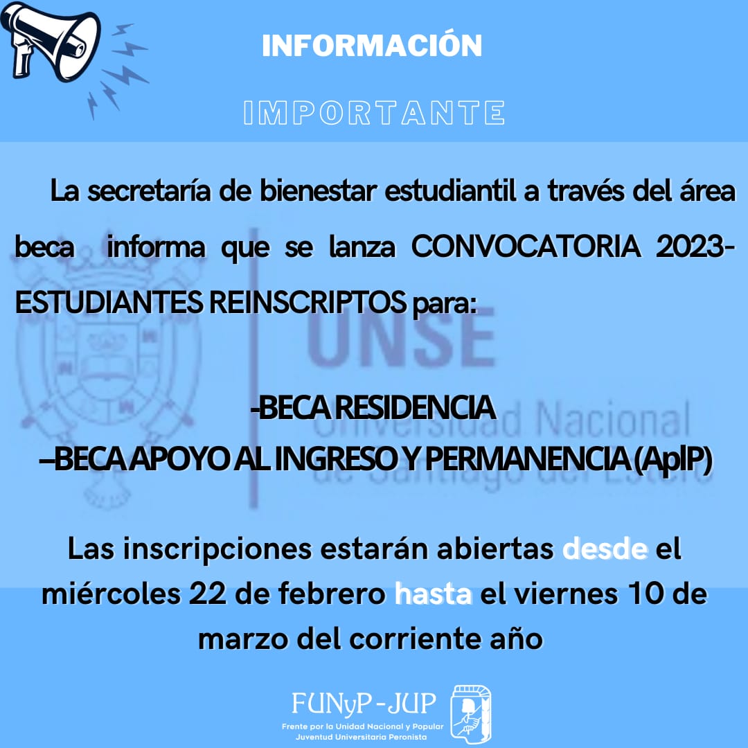 FUNyPUNSE's tweet photo. Becas UNSE Convocatoria 2023 Estudiantes Reinscriptos:Las inscripciones estarán abiertas de manera On-Line mediante el SIU Tehuelche, mientras que la documentación respaldatoria se deberá entregar de manera personal.
Email: consultas.becas@gmail.com
WhatsApp:385 519-8292 https://t.co/wA67QLcvbE