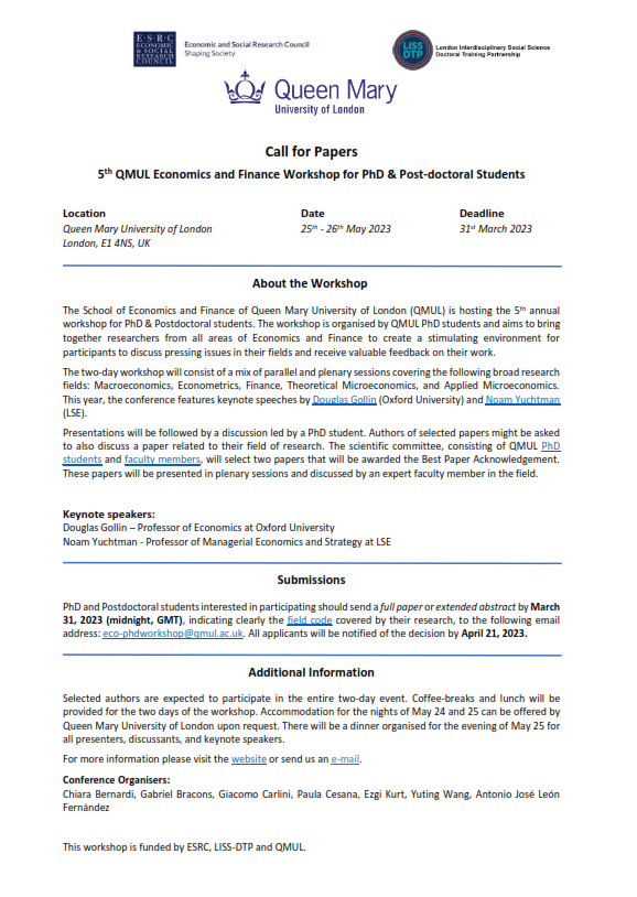 Ezgi Kurt (@ezgi_kurt_) on Twitter photo Are you PhD/post-doc? Come to London to discuss your research at the 5th <a href="/qmuleconomics/">School of Economics & Finance at Queen Mary</a> PhD & Post-doc Workshop on May 25-26! Submission deadline: March 31.
PS. we can also offer accomodation. shorturl.at/iGPV8 #EconTwitter <a href="/econ_conf/">Economics Conferences</a> Are you PhD/post-doc? Come to London to discuss your research at the 5th <a href="/qmuleconomics/">School of Economics & Finance at Queen Mary</a> PhD & Post-doc Workshop on May 25-26! Submission deadline: March 31.
PS. we can also offer accomodation. shorturl.at/iGPV8 #EconTwitter <a href="/econ_conf/">Economics Conferences</a>