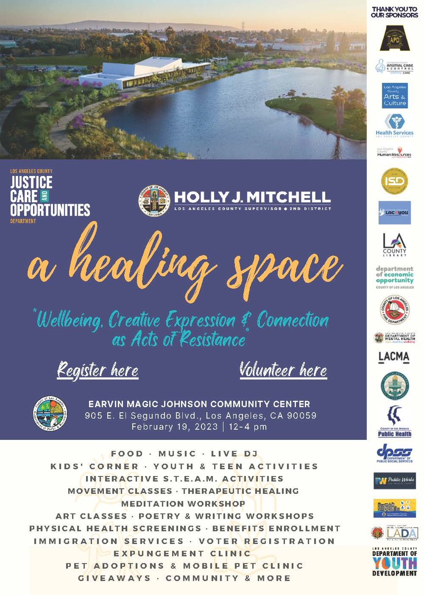 Join us at A Healing Space: Well Being, Creative Expression & Connection as Acts of Resistance on Sunday, Feb 19. Enjoy food, music, social services, mental health support, art, healing circles, dance classes, pet adoption & more: jcod.lacounty.gov/event/a-healin…