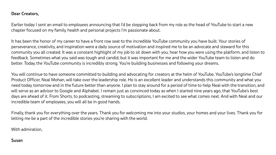 YouTubeCreators's tweet photo. thank you @SusanWojcicki for all your amazing work over the years to make YouTube home for so many creators ♥️ https://t.co/T2t2NUqRsW