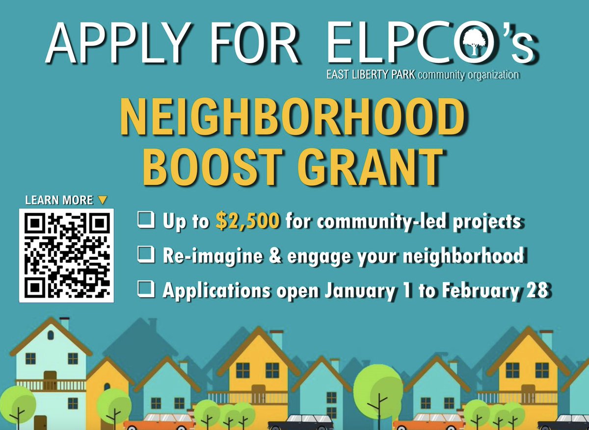 East Liberty Park Community Organization (ELPCO)'s 2023 Neighborhood Boost Grant Application is now live and will enable East Liberty Park residents to re-imagine and transform their neighborhood 
Learn more and apply: forms.gle/t7w4zrnAob8qjL…