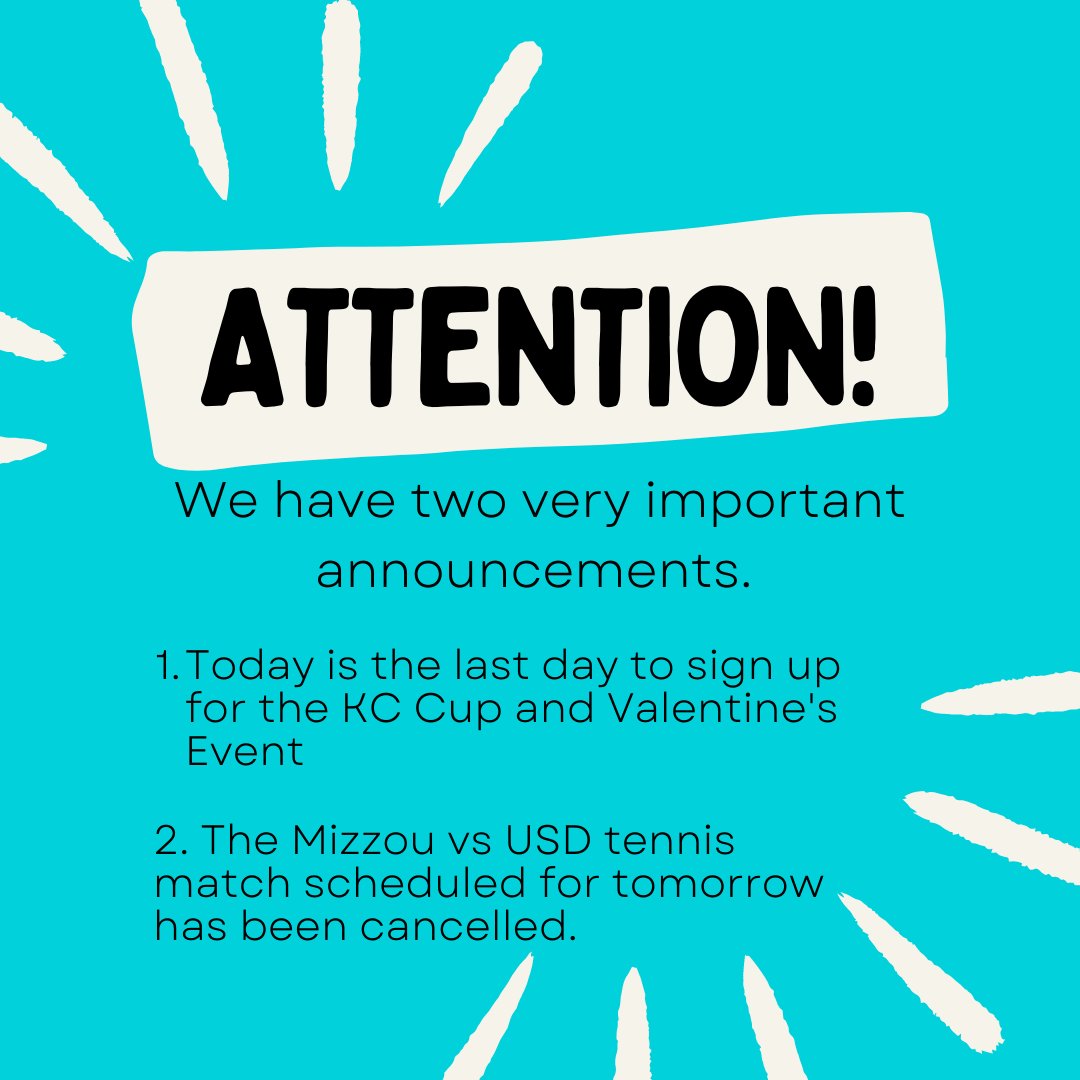 OPRC_KCUT's tweet image. Attention!
Two important announcements:
#1 Today is the last day to sign up for the KC CUP and Valentine's Day event this Friday. 
#2The previously scheduled Mizzou vs USD match has been cancelled due to weather concerns.