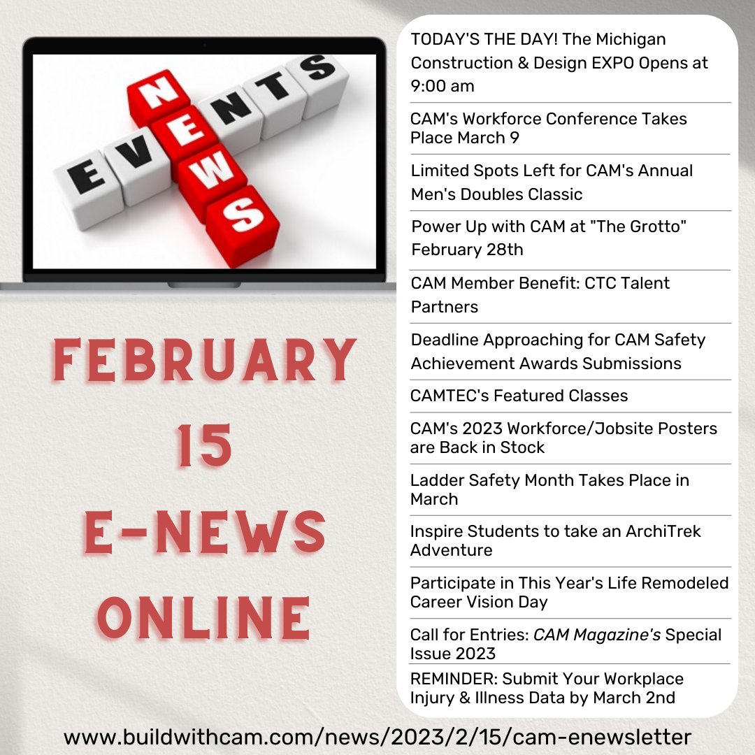 E-News - February 15th's e-News is ready for reading! 
Go to: loom.ly/hsrbBEU

#buildwithCAM #eNews #construction #CAMMag