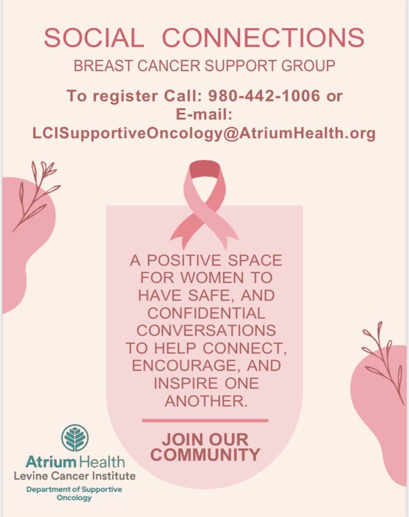 Tomorrow Feb 17, 2 pm: A safe, confidential space for all <a href="/LevineCancer/">Levine Cancer</a> #breastcancer patients to meet online for connection and encouragement. Call 980-442-1006 for details. #CharlotteNC #lciYWBP #supportiveoncology <a href="/Dr_LHG/">Dr.Hadzikadic Gusic</a> <a href="/DrJulieFisher/">Julie Fisher, M.D.</a> <a href="/DrDebaSarma/">Deba Sarma</a> @chassebd <a href="/atanmdlci/">Antoinette Tan, MD, MHSc, FACP, FASCO</a>
