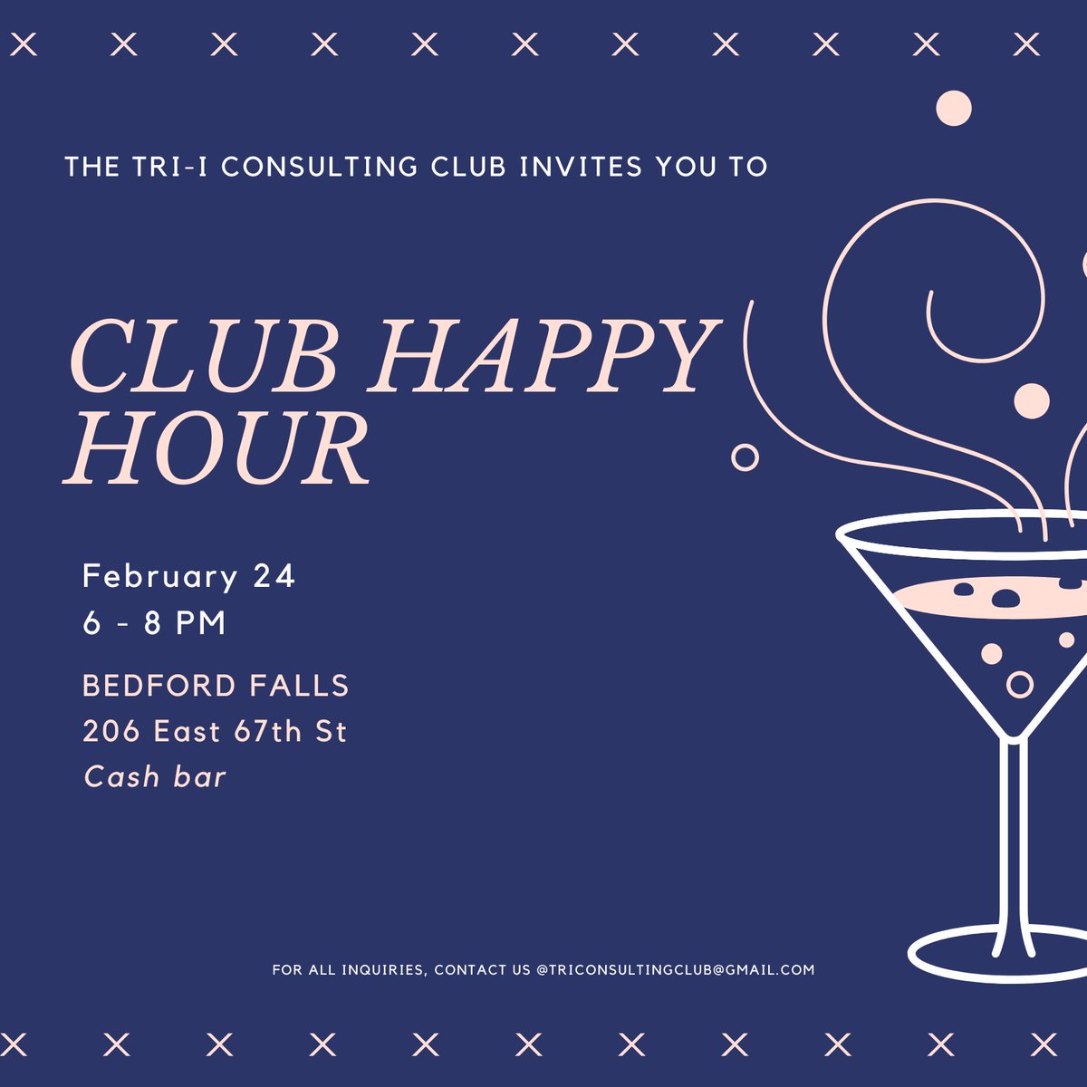 Join us next Friday, February 24th 6-8pm at Bedford Falls (206 E 67th ST) for our club happy hour! Hope to see you all there 🍸 

#consulting #happyhour #event #consultingclub #weillcornell #rockefelleruniversity #sloankettering