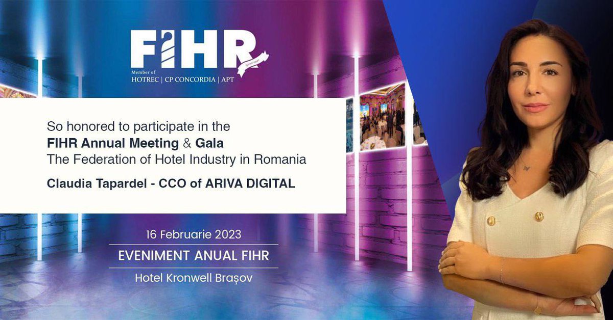 ArivaCoin's tweet photo. Happy to announce that our CCO @ClaudiaTapardel participates in these days at the Annual Meeting of #FIHR The Federation of Hotel Industry in Romania, together with the most important hotel & tourism industry representatives, central authorities and decision makers & FIHR members https://t.co/mfzJaU4QUX