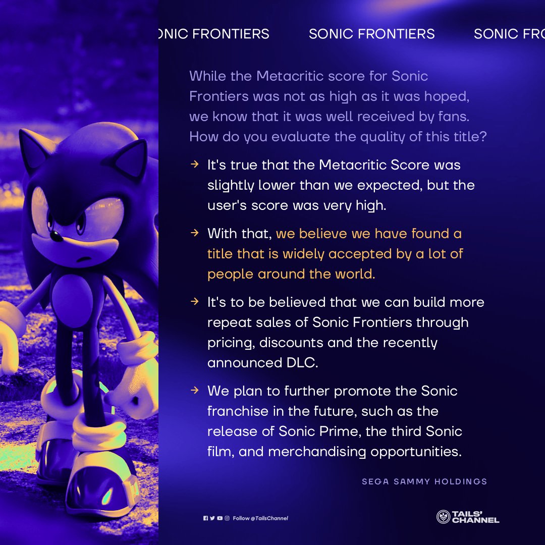 Tails' Channel, celebrating 15 years on X: ✨ In a Q&A with investors, SEGA  is confident with #SonicFrontiers' sales scheme, following a strong  financial performance and good reception with fans. They believe