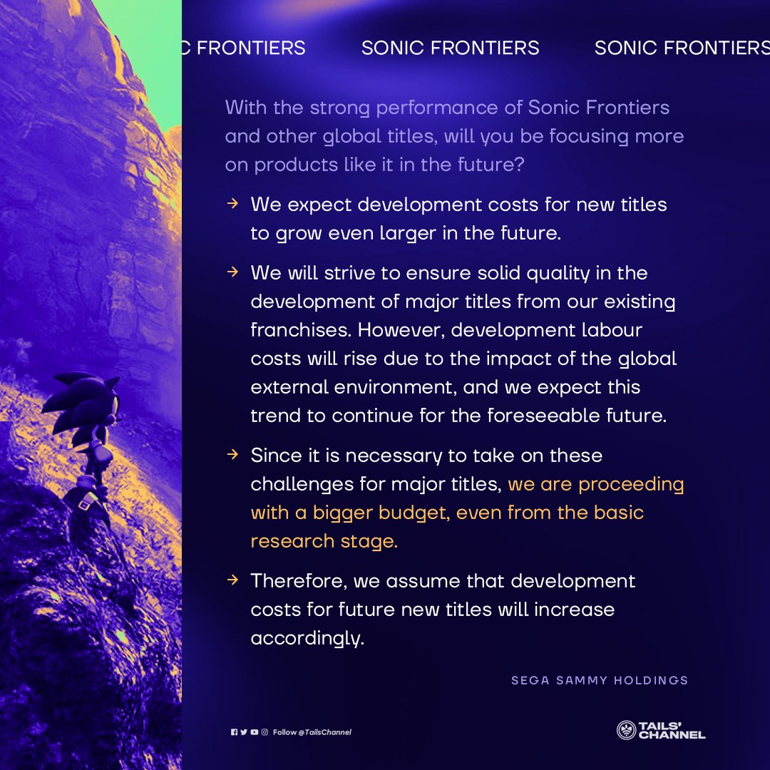 Tails' Channel, celebrating 15 years on X: ✨ In a Q&A with investors, SEGA  is confident with #SonicFrontiers' sales scheme, following a strong  financial performance and good reception with fans. They believe