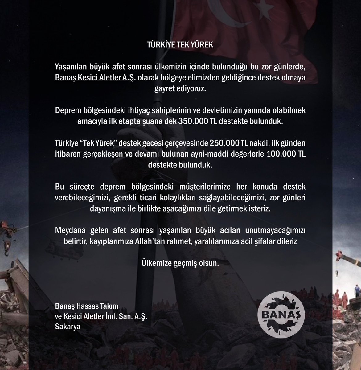banasas's tweet photo. Kahramanmaraş, Gaziantep, Hatay, Adıyaman, Malatya, Şanlıurfa, Diyarbakır, Osmaniye, Kilis, Adana ve Elazığ şehirlerimizde meydana gelen büyük afetin yaralarını birlikte saracağız.

Kayıplarımıza Allahtan rahmet, yaralılarımıza acil şifalar diliyoruz.

Ülkemize geçmiş olsun https://t.co/aIbGmdD5on